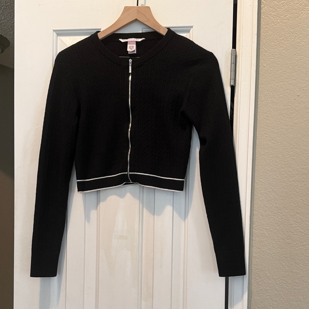 Victoria's Secret Cropped Black Full Zip Cardigan with White Trim